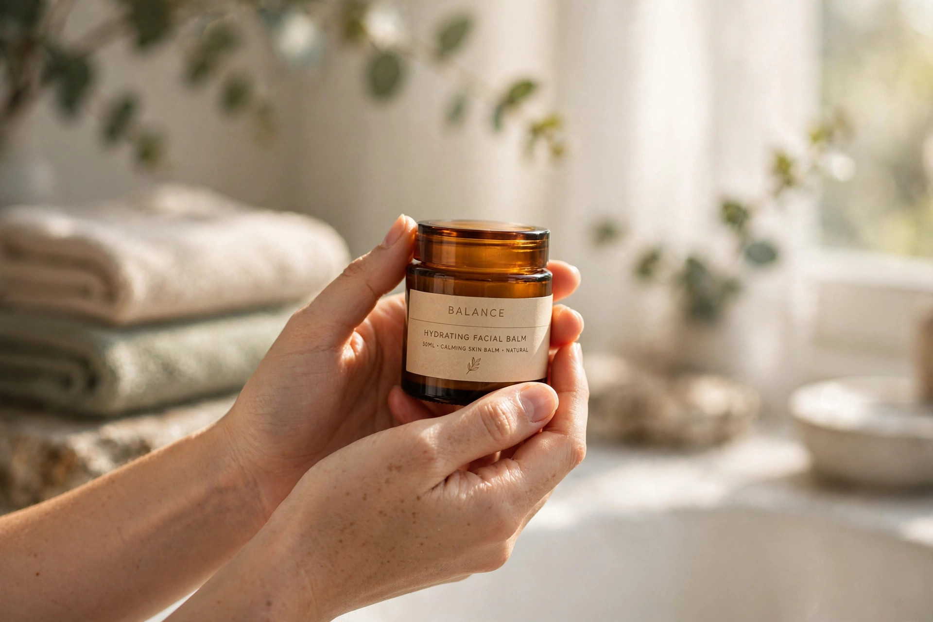 AI-rendered lifestyle shot of a skincare product held in two hands