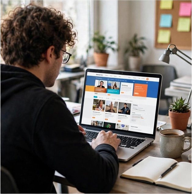 Web designer building a client website on a laptop