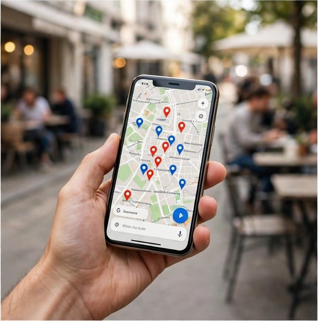 Customer finding a local business on a smartphone map