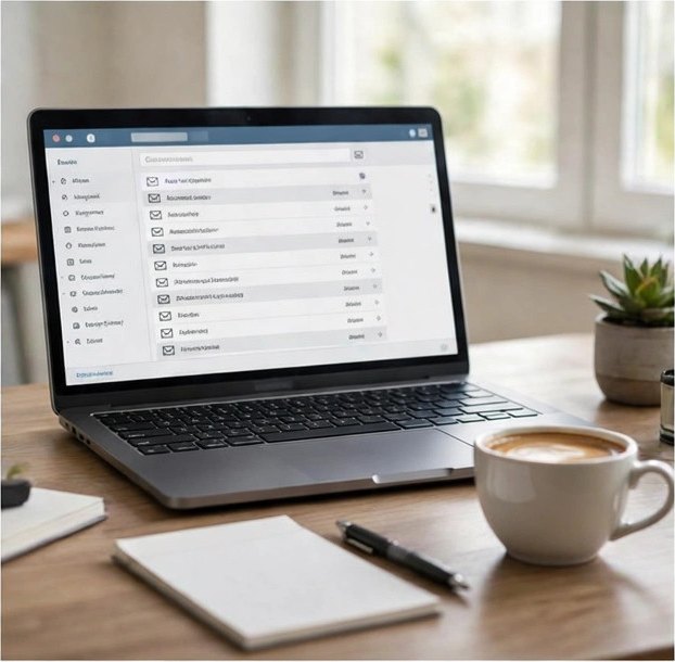 A laptop showing an email inbox on a tidy desk