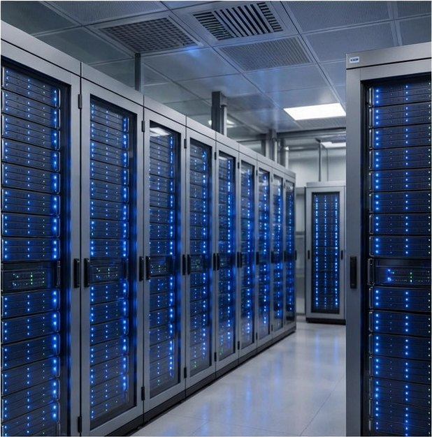 Rows of servers in a modern data centre