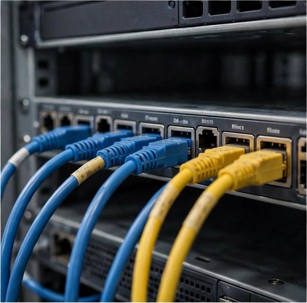 Network cables plugged into a server switch